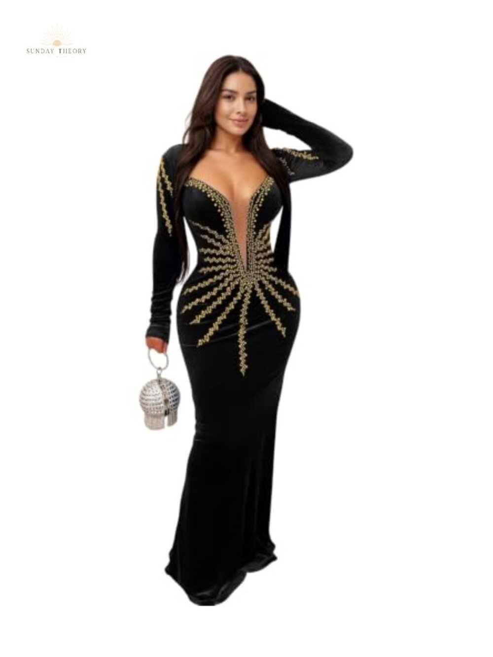 Rhinestone Lace Sheer Mesh Evening Dress Mermaid Long Sleeve Backless Party
